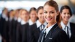© ETAJOE - Smiling Group of flight attendant in uniform look friendly at airport , pleasant service for airline passengers