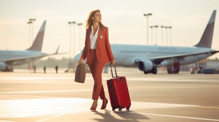 Young businesswoman walking with travel bag along office building or airport, business trip, corporate and people concept