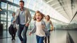 Happy family traveler go to airport gate, family with travel bag excited for traveler trip
