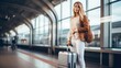 Female traveler walking with travel bag alone at airport, Holiday and travel trip