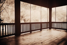 The Image Depicts A Spacious Porch With A Wooden Floor And Railing, Characterized By Sepia Tones That Give It A Warm, Vintage Feel. Three Sides Of The Porch Are Open With Large Spaces Between Wooden R