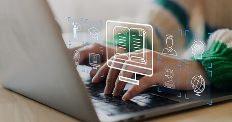 Wall Mural - human use laptop technology internet learning and study online class technology network, e-learning,
