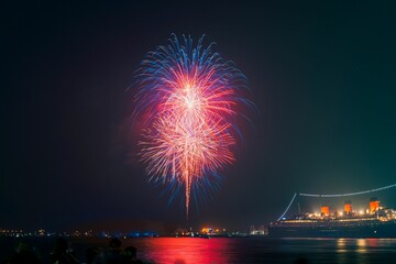 4th of July fireworks lights up the sky and over the water in front of a boat