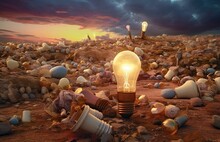 AI Generated Illustration Of A Beach Covered In Trash With A Light Bulb. The Concept Of Pollution