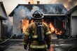 © ZaidHarith - fireman or firefighter standing infront of a burning house while wearing SCBA (Self Contained Breathing Apparatus) at his back.