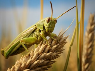 Wall Mural - AI generated illustration of a grasshopper perched atop a plant