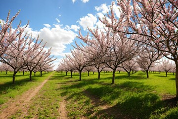 Green farmland with blooming fruit trees under a blue sky with clouds, AI-generated.