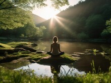 AI Generated Female Meditating In A Yoga Pose At A Pond In The Nature Forest