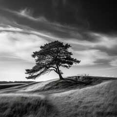 Sticker - AI generated illustration of a solitary tree standing in a vast expanse of tall grass in grayscale