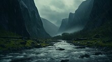 Gloomy Landscape Featuring A River And Mountains On A Rainy Day. AI-generated.