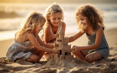 Wall Mural - Happy children building a sandcastle on the beach