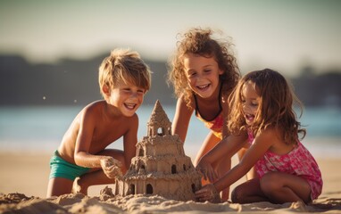 Wall Mural - Happy children building a sandcastle on the beach