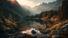 AI Generated Illustration Of A Serene Landscape Of A River Surrounded By Mountains And Trees
