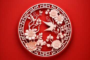 Wall Mural - Chinese paper cut works in white on red background. 