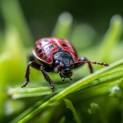 Wall Mural - Red beetle perched on a green leaf in a garden setting. Ai-generated.