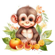Baby Monkey Fruits And Flower Illustration, Generative Ai