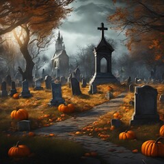 Poster - AI generated illustration of a cemetery surrounded by a lush forest, with several carved pumpkins