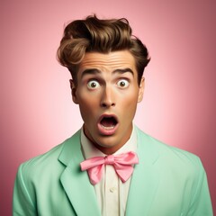 Surprised pin up style man with retro hairstyle, bright color background