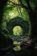 stone bridge forest stream cute green magic doorway melancholic liminal space overgrown monochromatic opening shining portal