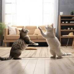 Two cats fighting on the wooden floor in the living room