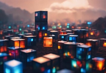 Wall Mural - colorful lit cubes stacked together in a field at night