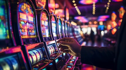 Wall Mural - close-up of a person playing a slot machine in a casino, ai-generated.
