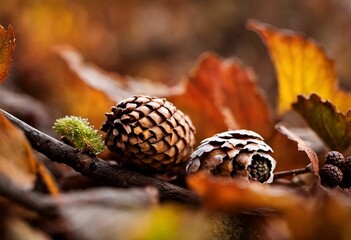 ai generated illustration of two pine cones lying on a tree branch surrounded by lush foliage