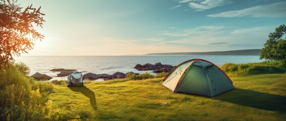 Wall Mural - Camping tent and camping equipment on green grass with sea view background