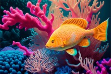 AI Generated Illustration Of A Beautiful Yellow Fish Swimming In The Coral Reef