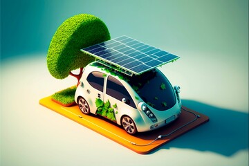 Wall Mural - AI generated illustration of a futuristic electric car with solar panel on it-pollution reduction