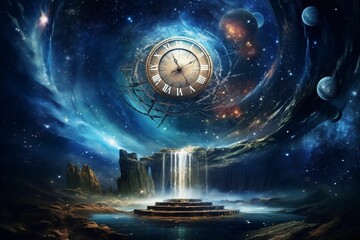 Wall Mural - AI generated illustration of an isolated clock over on the waterfall and an ocean