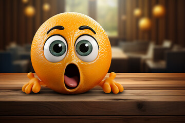 Generative AI Image of Orange Fruit Cartoon Character with Surprised Expression on Wooden Table