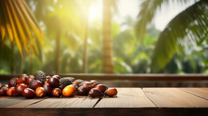 Old Wooden table with oil palm fruits and palm plantation in the background  - For product display montage of your products.