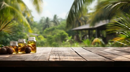 Old Wooden table with oil palm fruits and palm plantation in the background  - For product display montage of your products.