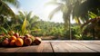 Old Wooden table with oil palm fruits and palm plantation in the background  - For product display montage of your products.