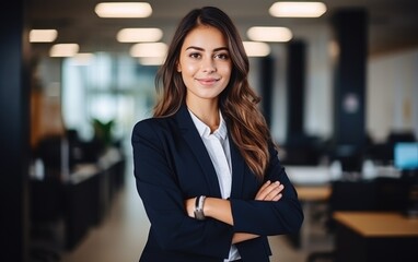 Wall Mural - Successful smiling business lady wearing fashion suit in the office looking at the camera