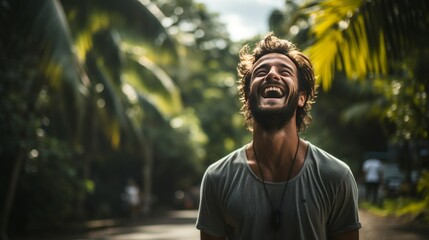 adult male man happiness cheerful smiling while relax walking hiking in  public forest park sport attractive male walking with nature pure fresh air in garden