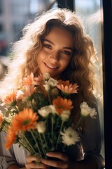 Wall Mural - A young beautiful woman sells flowers in a flower shop