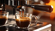 Close up of espresso coffee by using coffee machine.