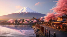 Beautiful Japanese Village Town In The Morning. Buddhist Temple Shinto At Sea River, Cherry Blossom Sakura Growing, Mount Fuji In Background.