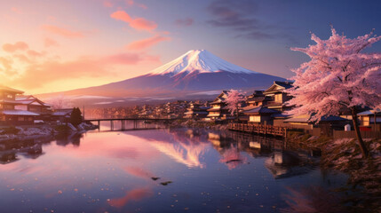 Beautiful japanese village town in the morning. buddhist temple shinto at sea river, cherry blossom sakura growing, mount fuji in background.