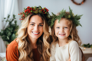 Wall Mural - portrait of a mother and daughter in christmas living room