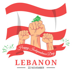 Wall Mural - Vector graphic of Lebanon Independence Day for greeting card with clenched fist, fireworks and ribbon