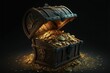 AI generated illustration of an open wooden treasure chest and coins spilled around