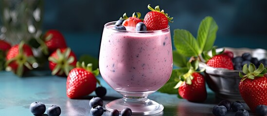 Poster - in the summer a refreshing and healthy pink smoothie with blueberry milk and strawberry is the perfe