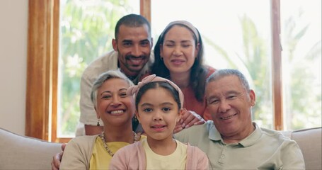 Poster - Big family, kid and grandparents with face, home and parents with smile, bonding and relax on sofa. Mother, father and girl child with portrait on lounge couch, house or together with love on holiday