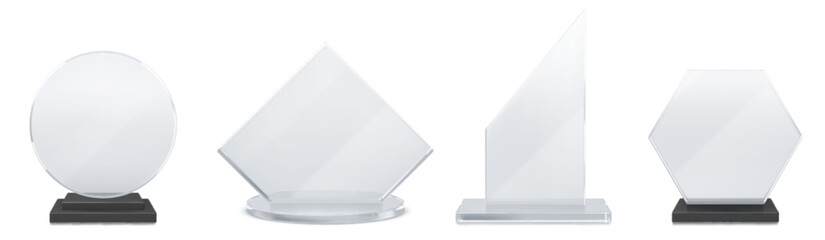 Wall Mural - glass transparent trophy mockup with empty acrylic shape on base. realistic vector set of round, rho