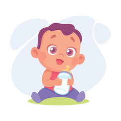 Poster - Baby Little Boy with Cute Face Drink Milk from Bottle Vector Illustration