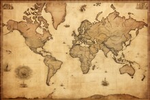 Old Map Of The World On A Wooden Background With Grunge Textures, Old Antique World Map On Mercators Projection, AI Generated