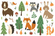 Vector illustration of cute woodland forest animals including deer, rabbit, hedgehog, bear, fox, bird and squirrel.